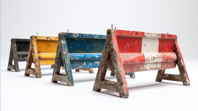 A collection of vintage construction barriers with a faded line pattern, placed on a white background to emphasize their timeworn appeal