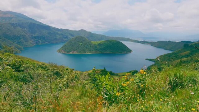 Panoramic view of Cuicocha crater lake in Cotacachi, Imbabura, Ecuador.