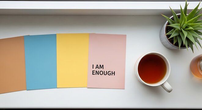 Topdown view of I Am Enough affirmation card with tea and plant on a white surface.