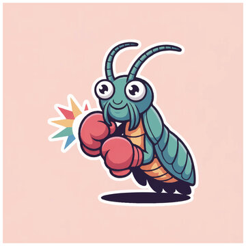 Cartoon praying mantis wearing boxing gloves ready to fight.