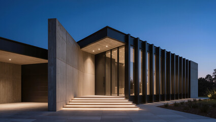 Fototapeta premium Modern Concrete Home Exterior with Illuminated Steps at Twilight