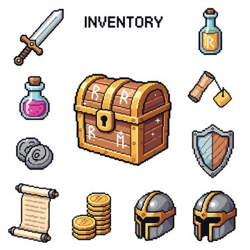 This vector features a diverse set of pixel art fantasy RPG inventory icons like a treasure chest, sword, potions, and helmets.