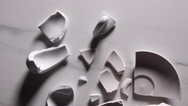 Pieces of broken saucer and cup on white marble table, flat lay. Camera spinning