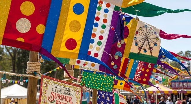 Colorful flags adorn a fairground entrance, showcasing playful patterns and welcoming visitors