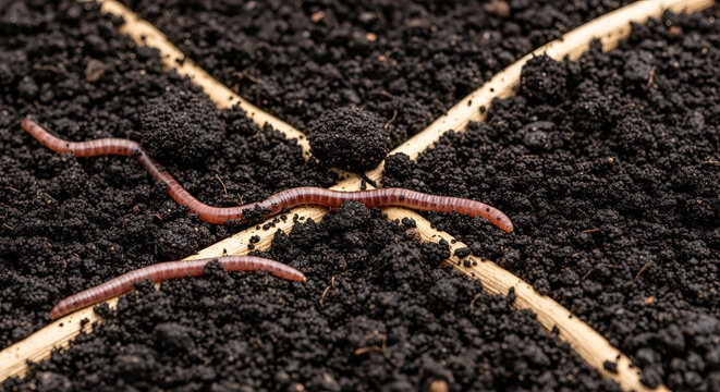 Earthworm crawling through rich dark soil on farm brown annelid worm decomposing organic matter in garden natural compost background