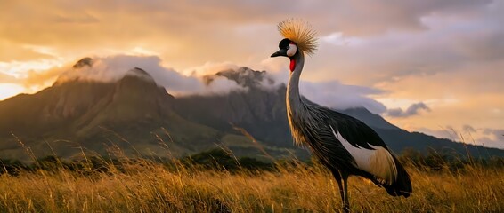 Obraz premium Majestic grey crowned crane standing in golden grassland with dramatic mountain landscape and sunset sky creating stunning African wildlife scene.