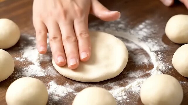 Expert hands flatten soft, fresh dough on a floured wooden surface, a vital step in crafting delicious homemade bread or pastries from scratch. This close-up captures culinary preparation