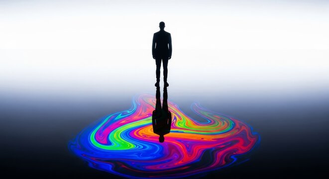 A silhouette remains motionless before a polished surface where an ethereal mirrored image shifts and changes through liquid movements, abstract, elegant, mirror