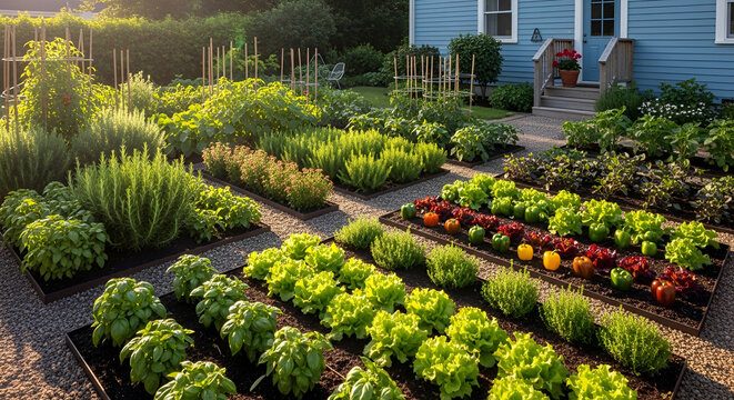 Elevated view of a lush backyard vegetable garden with basil rosemary lettuce peppers and herbs in raised garden beds