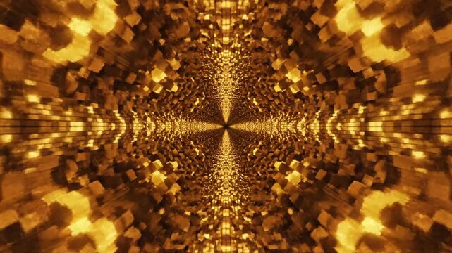 Dynamic cascading golden pixelated tunnel effects creating mesmerizing visual illusions for captivating digital art displays