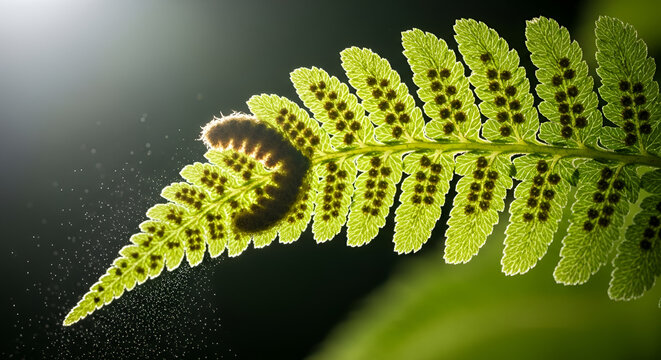 Fern frond detail with sori spore reproduction close-up on a black backdrop backlight green plant leaf spores on leaf underside