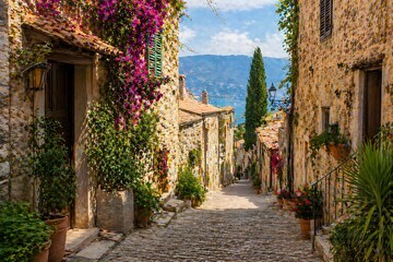 Obraz premium Charming Mediterranean village street with stone houses, flowers and sea view in warm sunlight