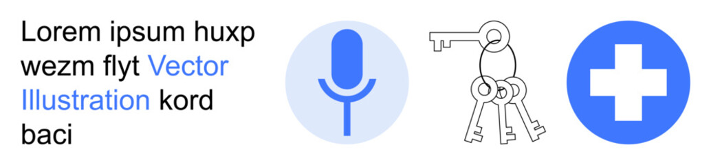 Obraz premium Communication tools, digital security, access control, healthcare, technology, data safety. Microphone, key set and medical cross icons. Concepts of communication tools and digital security