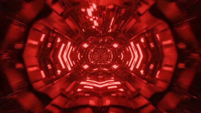 Futuristic red tunnel with symmetrical glowing geometric pattern and dynamic light reflections capturing the essence of digital