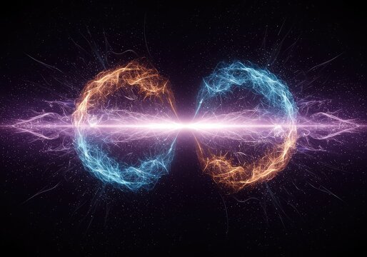 Visualization of sympathetic vibration showing two energy fields interacting and amplifying their shared frequency in an abstract space, movement, transfer, sonic