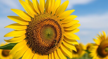 Obraz premium Bright yellow sunflower with a small bee collecting pollen on a sunny day