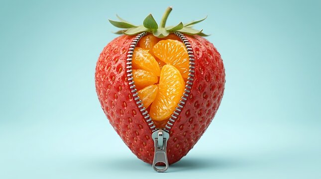 Strawberry dengan bagian dalam berisi potongan jeruk mandarin dan zipper terbuka