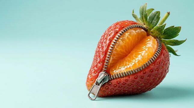 Strawberry dengan bagian dalam jeruk mandarin yang terbuka dan zipper unik
