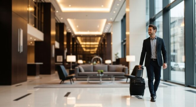 Businessman with luggage walking through modern hotel lobby.