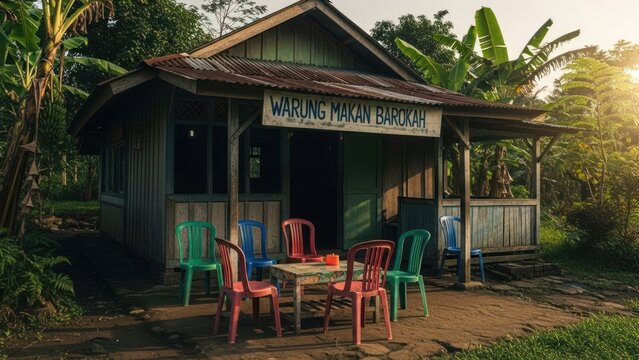 Rustic Indonesian Warung in a Tropical Setting.