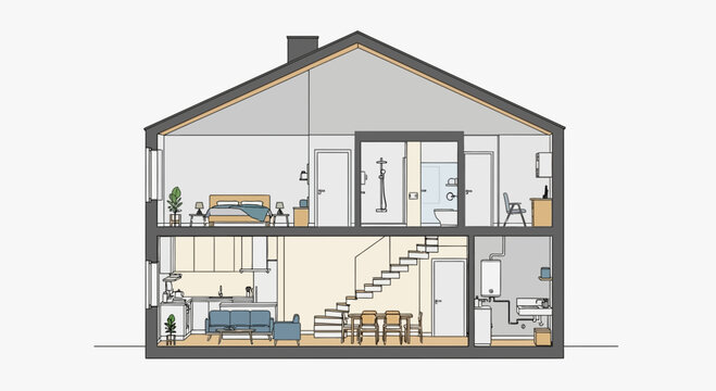 Cross-section of a modern house interior design, floor plan, architecture