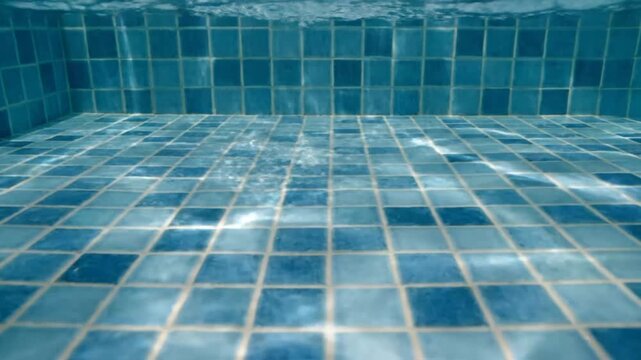 Close-up of shimmering blue tiled poolside water surface capturing sunlight reflections on a sunny day