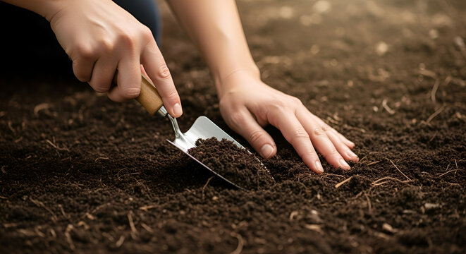 Gardener using small trowel to prepare dark topsoil for planting in garden showcasing soil cultivation and organic gardening