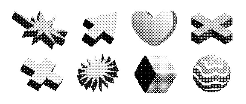 Pixel geometric shape set. Bitmap 3D form collection. Pixelated element pack for graphic design, banner, poster, leaflet. Halftone rasterized effect bundle. Vector trendy Y2K dither objects