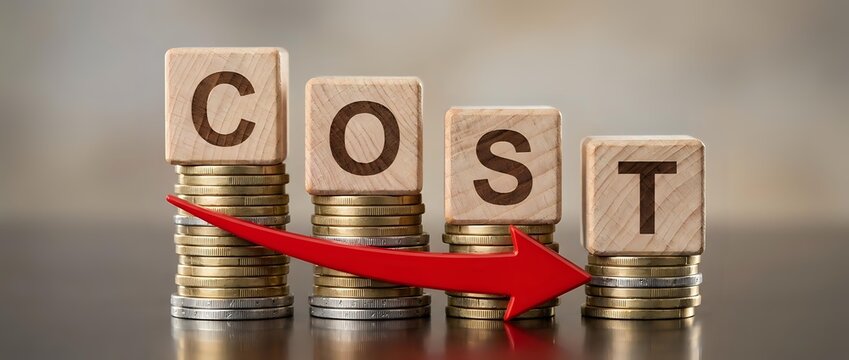 Wooden blocks spelling COST with stacked coins and red arrow showing decreasing expenses and budget reduction for financial planning.