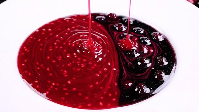 Red and blueberry sauces swirling on a white plate from above