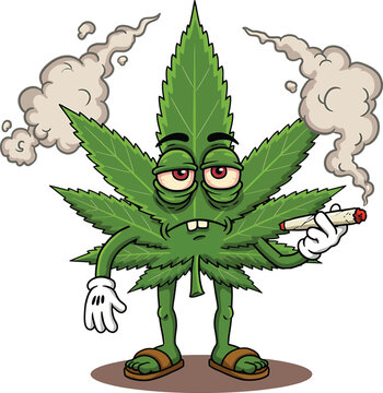 Cartoon leaf character with sleepy red eyes wearing sandals and holding a lit joint with swirling grey smoke clouds isolated on a white background