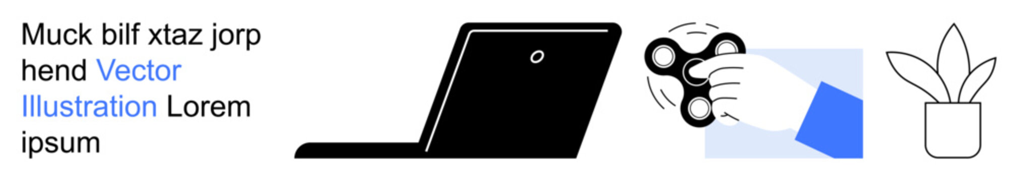 Productivity, relaxation, office work, stress relief, workspace decor, modern lifestyle. Visual of a laptop, hand holding a fidget spinner and potted plant. Productivity and relaxation concept