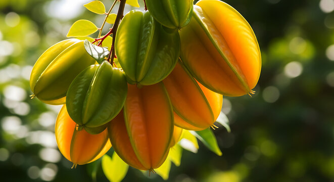 Ripe starfruit cluster hanging from branch with blurred green foliage background carambola tropical