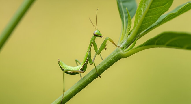 Green praying mantis nymph perched on vibrant green stem with lush leaves in natural outdoor setting detailed macro shot