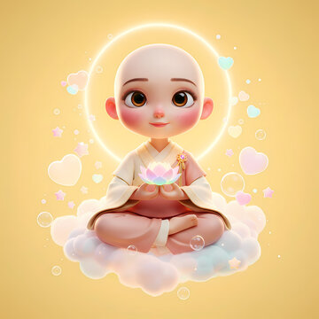 Cartoon Little Monk Meditating with Lotus Flower on Cloud