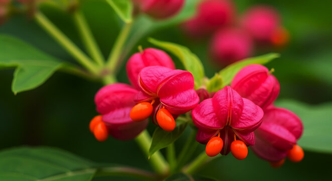 Vibrant pink euonymus flowers with bright orange seeds in soft focus