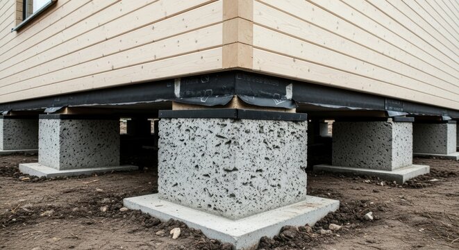 Concrete pier foundation supports the corner of a new wooden house construction.