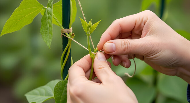 Hands gently tying a young bean plant to a green stake with natural twine in a garden setting ensuring support for healthy growth