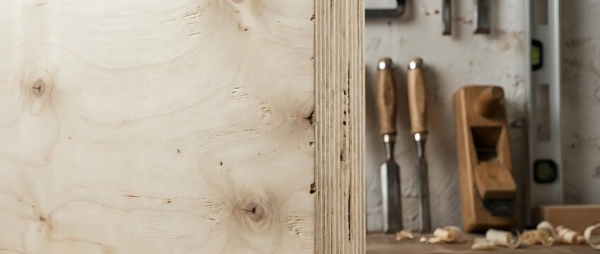 Traditional woodworking tools including chisels and hand plane arranged on natural wood surface with shavings for carpentry and craftsmanship projects.