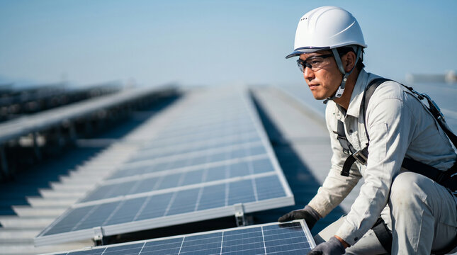 電気工事士の日本人の30代男性が太陽光発電所でパネルの設置やメンテナンスを行う屋外の様子、コピースペースのある横アングルの構図と作業服姿、広大なパネル群