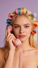 Fototapeta premium A young woman with colorful hair rollers talking on a pink phone in a studio setting, showcasing a playful and vibrant atmosphere.