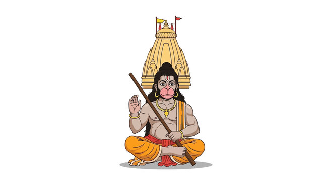 Lord Hanuman sitting in meditation posture with mace and temple background