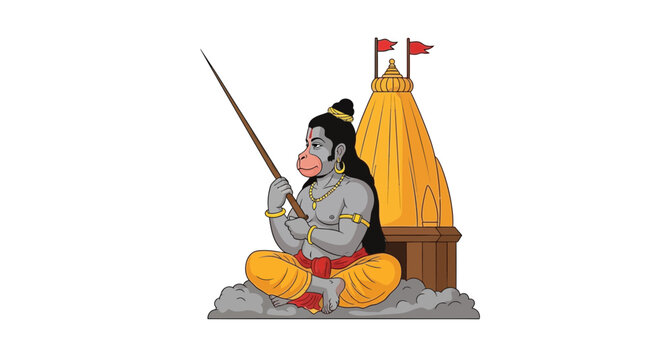 Lord Hanuman Sitting Meditating Near Temple, Hindu Mythology