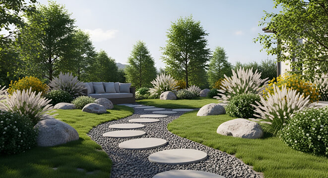 Landscaped backyard garden with ornamental grasses stone pathway and comfortable lounge seating in a tranquil setting