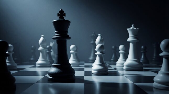 Chess king on board with pieces strategic planning and leadership business concept