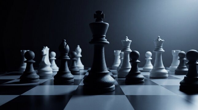 Black chess king standing on board strategy leadership and competition concept