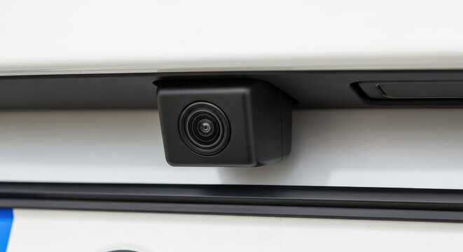 Rearview parking camera is mounted on the white exterior of a modern vehicle.