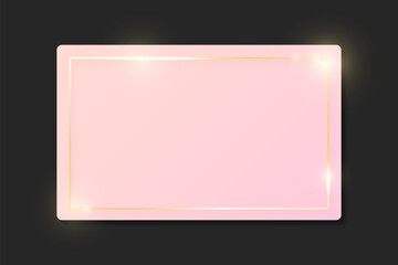 Fototapeta premium Gold shiny rectangle glowing vintage frame on pink plate isolated on grey. Golden luxury realistic border. Wedding, mothers or Valentines day concept. Xmas and New Year paper abstract. Vector