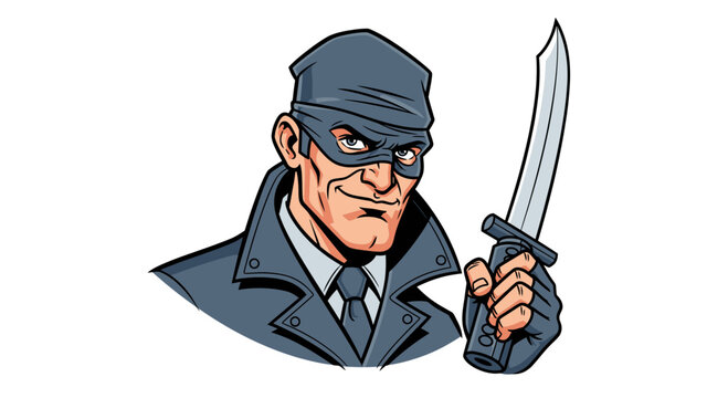 Villainous Thief Character Holding Sharp Knife Vector Illustration, Comic Book Style Secret Agent or Criminal Spy Portrait for Graphic Design Projects