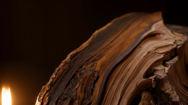 Macro photography of resinous dark core of agarwood oud texture